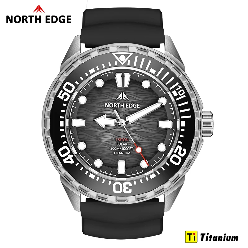 NORTH EDGE TRITON-TI Titanium RVS Zonne-aangedreven Duikhorloge Luxe Quartz Horloges voor Heren 300M Waterdicht 180+ Dagen Accu