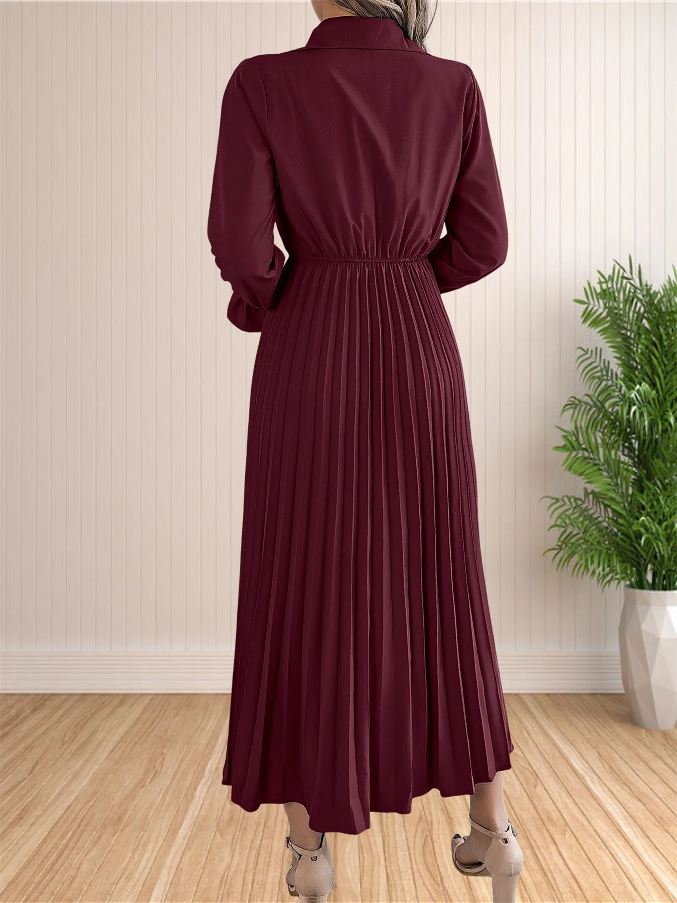 Women Casual Solid Color Turn-Down Collar Long Dresses Button Flare Sleeves Hundred Pleats Dress