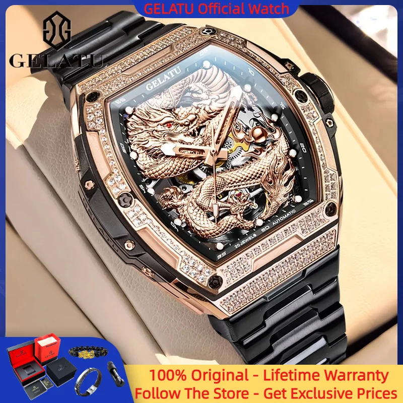 GELATU 6021 Full Dragon Hollow Men Watch Luxury Diamond Deep Waterproof Watch Clock Gift Men Fully Automatic Mechanical Watch