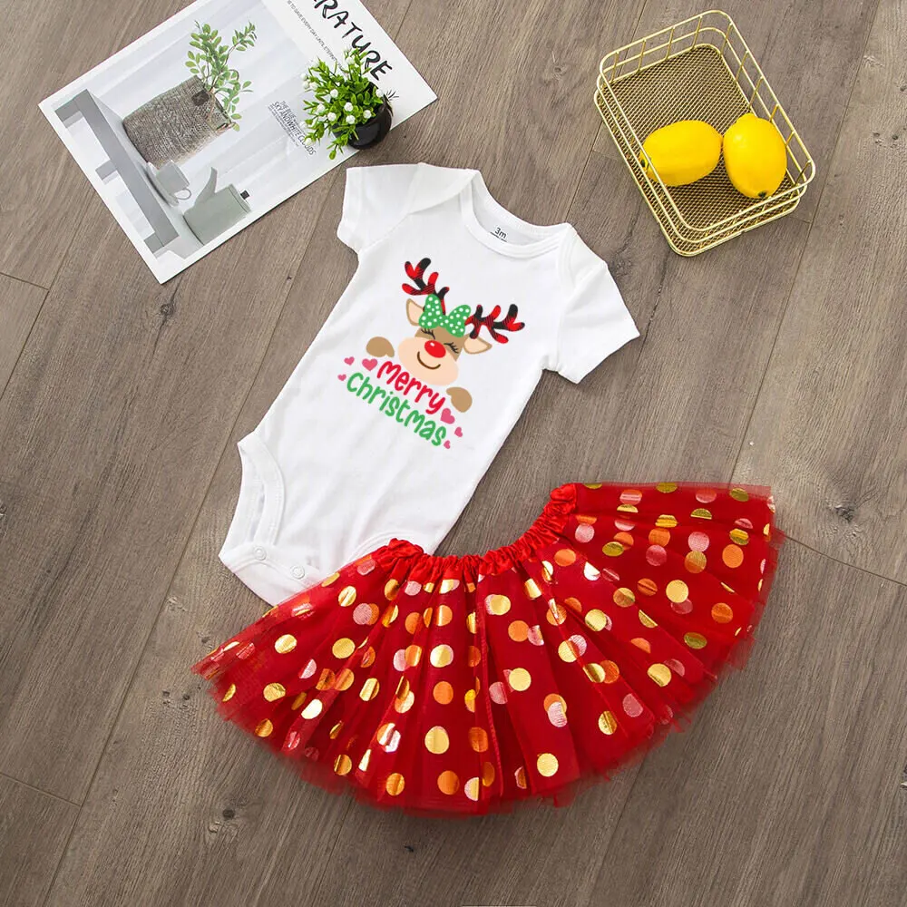 Deer Print Christmas Baby Romper & Tutu Set Christmas Girls Outfit Infant Baptism Short Sleeve Bodysuit Dress Xmas Outfits Skirt