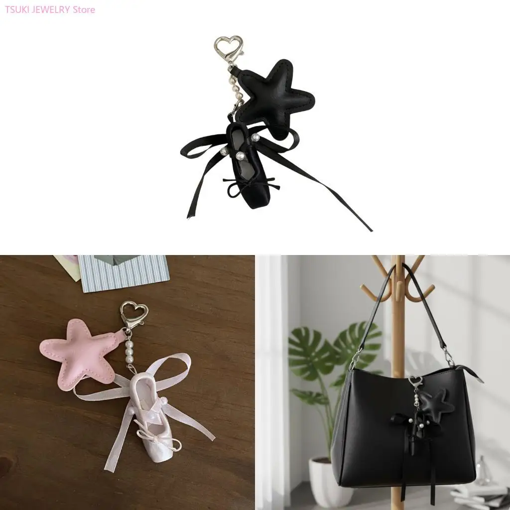 

62KE Star Decorated Ballet Slipper Keyring Soft Bag Accessory For Kids And Daily Use