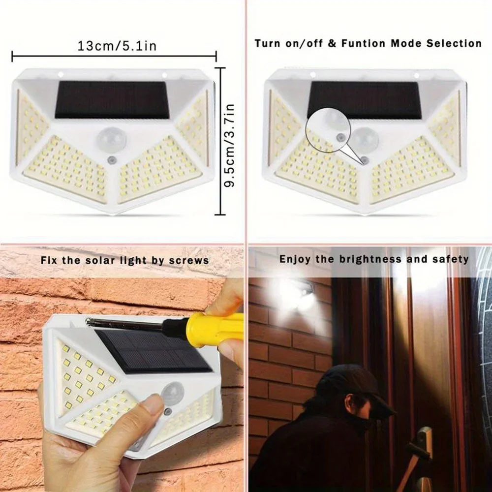 1PC Solar Light Outdoor 100 LED Wall Lamp PIR Motion Sensor Lamp Waterproof Stairs Lights for Courtyard Garden Street Decoration