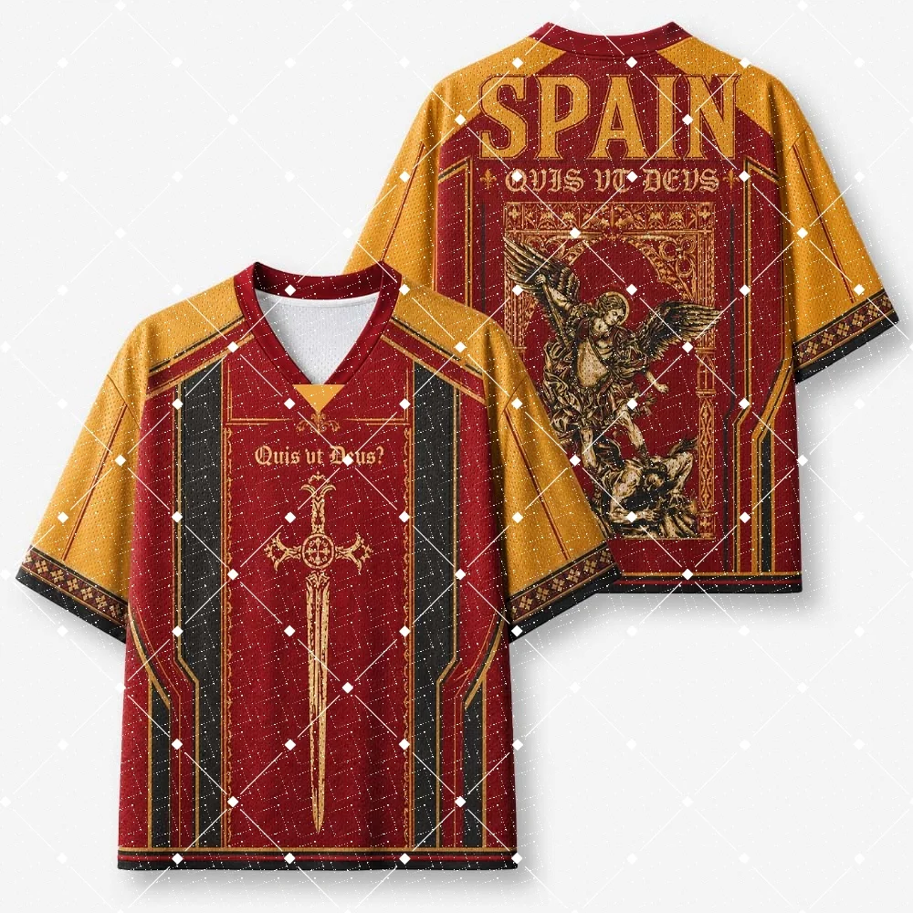 Mexico Religious Saint Archangel Mesh Jersey Quis Ut Deus Sword Cross Print V‑Neck Ethnic Aztec Pattern Short Sleeve Sports Tee