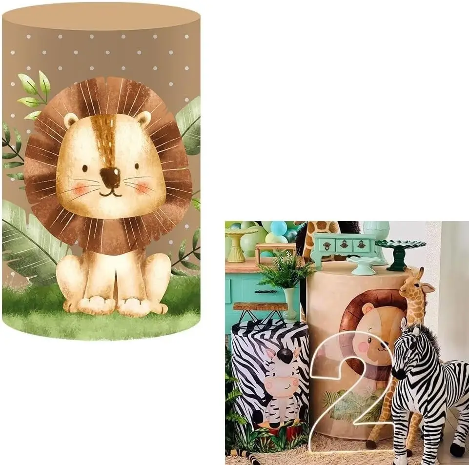 Cartoon Lion Spandex Round Cylinder Table Covers Boys Jungle Wild Birthday Baby Shower Party Decorations Pedestal Tablecloth