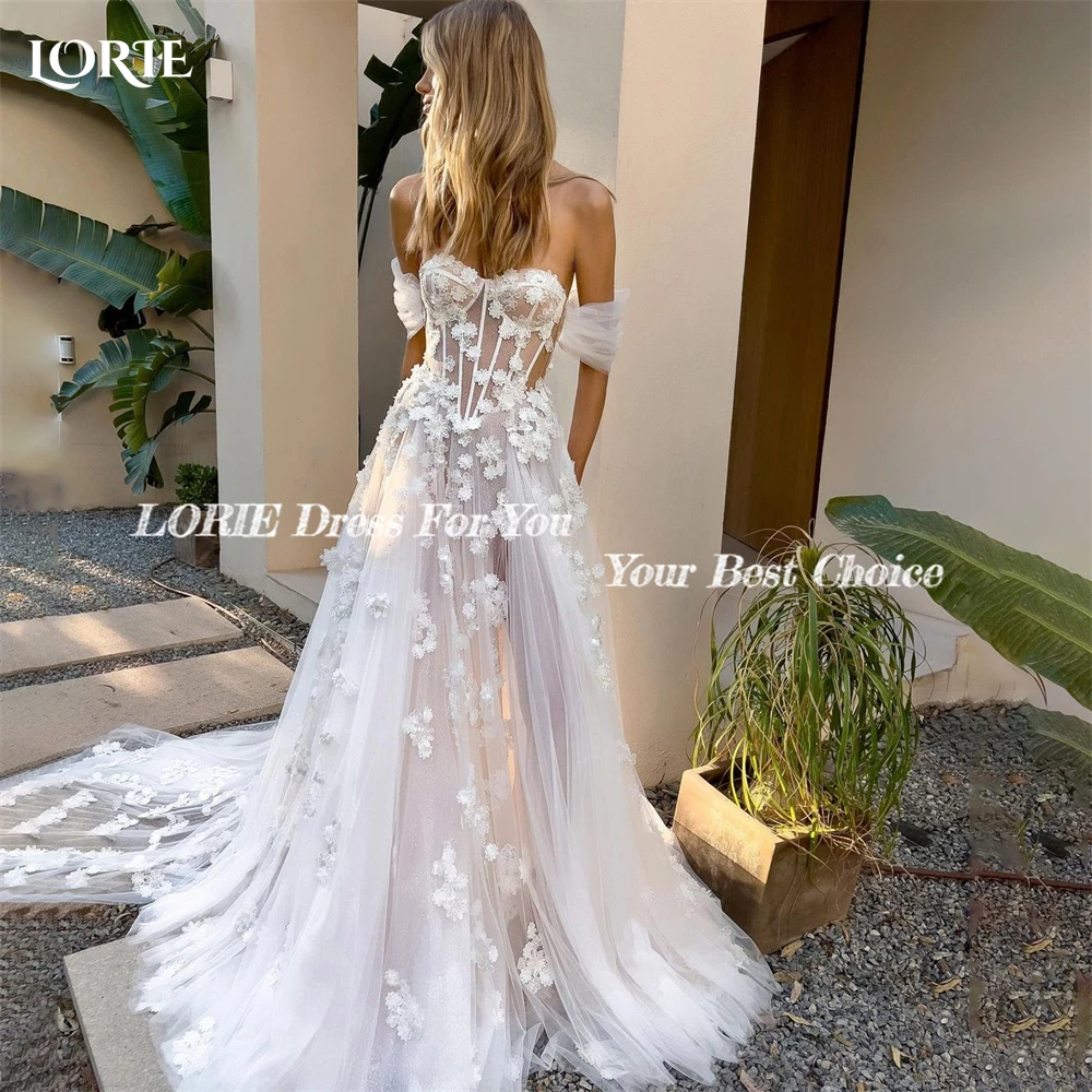 LORIE Bohemia Lace Wedding Dresses 3D Flowers Appliques Off Shoulder A-Line Bridal Gown Backless Princess Bride Dress Customized