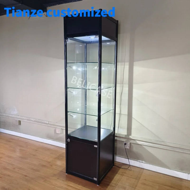 (Customized) Factory Custom Commercial Floor Standing Display Showcase Modern Design Glass Tower Aluminum Frame Display Cabinet