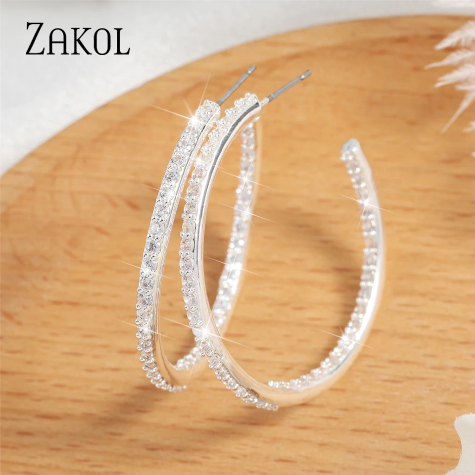 ZAKOL Shiny Micro Pave Zirconia CC Shaped Hoop Earrings for Women Gorgeous Banquet Wedding Jewelry