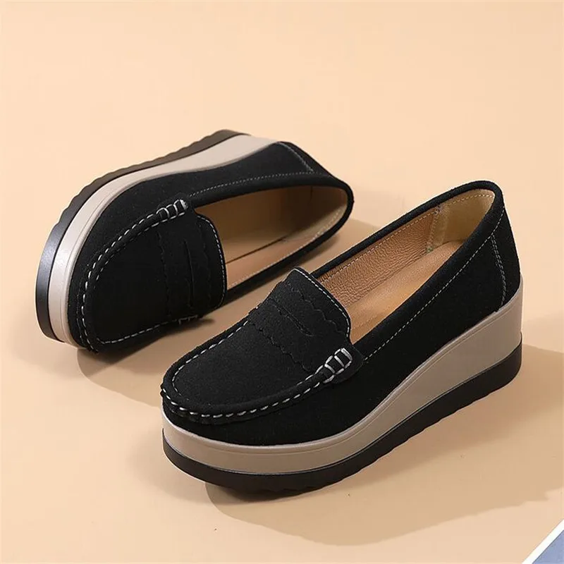 Spring Autumn Women Flats Platform Loafers Ladies Cow Suede Genuine Leather Comfort Wedge Moccasins Slip On Casual Shoes