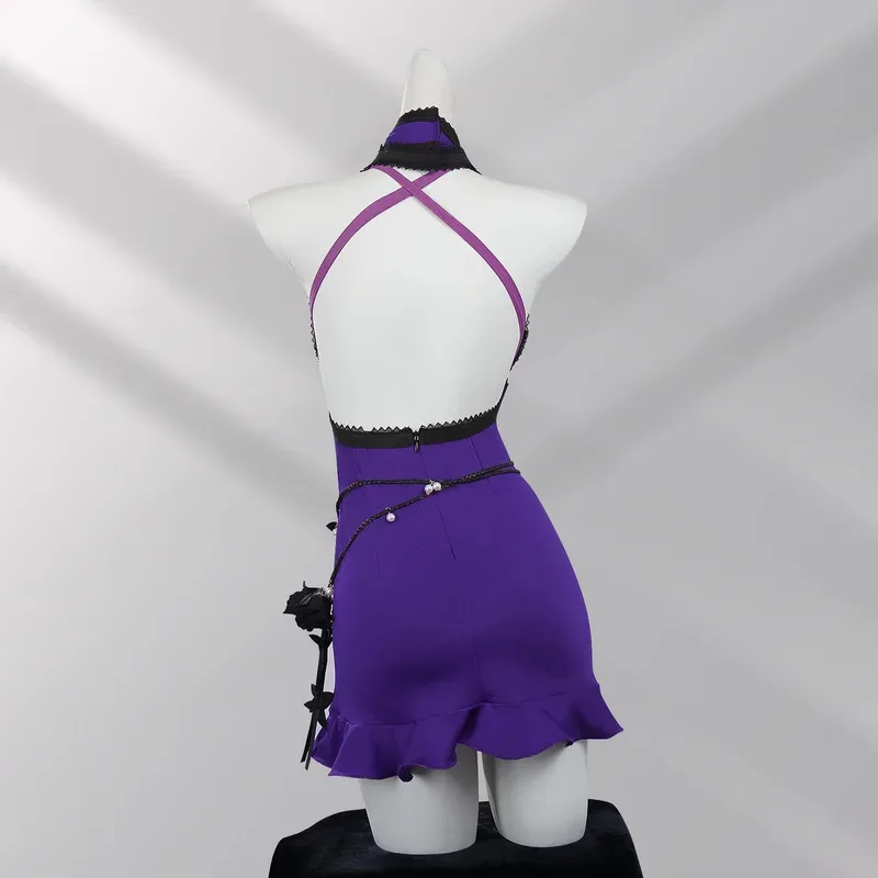 أزياء تيفا التأثيرية فساتين أرجوانية شعر مستعار لعبة فاينل فانتسي لعب الأدوار زي أنثى لحفلات الهالوين كرنفال