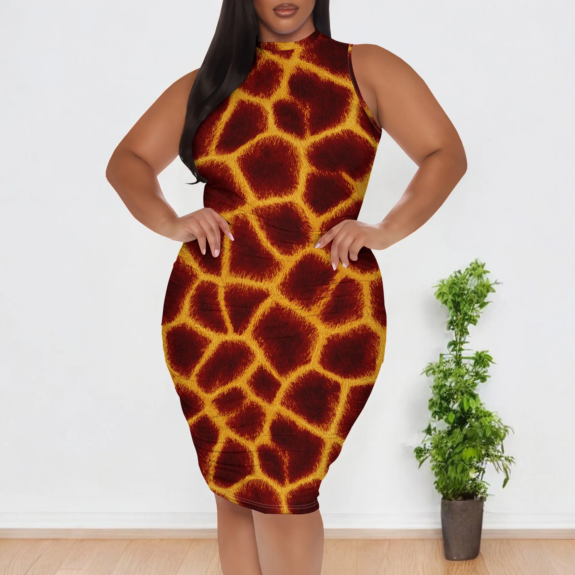 

Giraffe Print Bodycon Dress XL-6XL Sleeveless Spaghetti Strap Midi Style for Summer Party, Night Out or Street Fashion Look