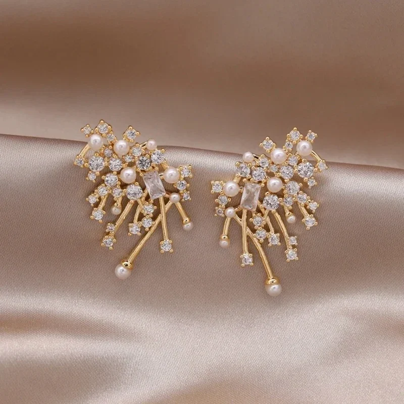 Korean new design fashion jewelry fireworks zircon pearl earrings elegant women's evening party accessories