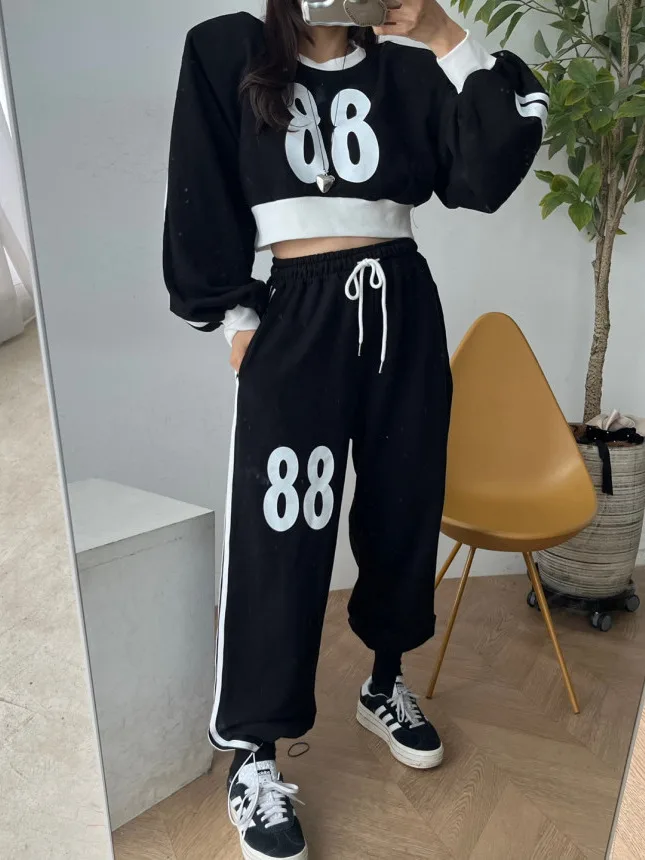 Casual Sweatshirt Sportswear Set Women's Short High Waist Wide Leg Pants Two Piece Set Autumn Digital Print Street Style