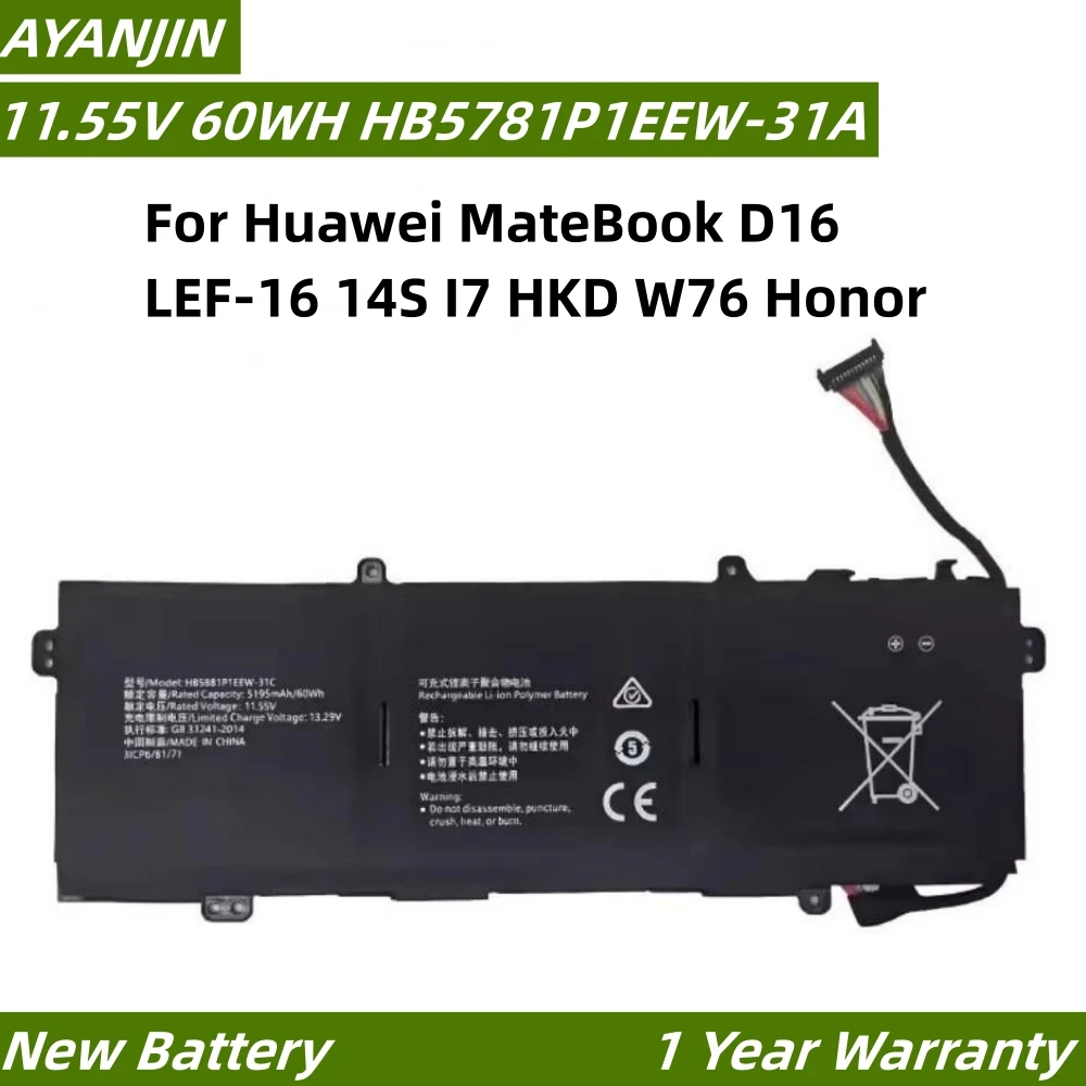 

11.55V 60WH HB5781P1EEW-31A HB5881P1EEW-31A HB5781P1EEW-31C Laptop Battery For Huawei MateBook D16 LEF-16 14S I7 HKD W76 Honor