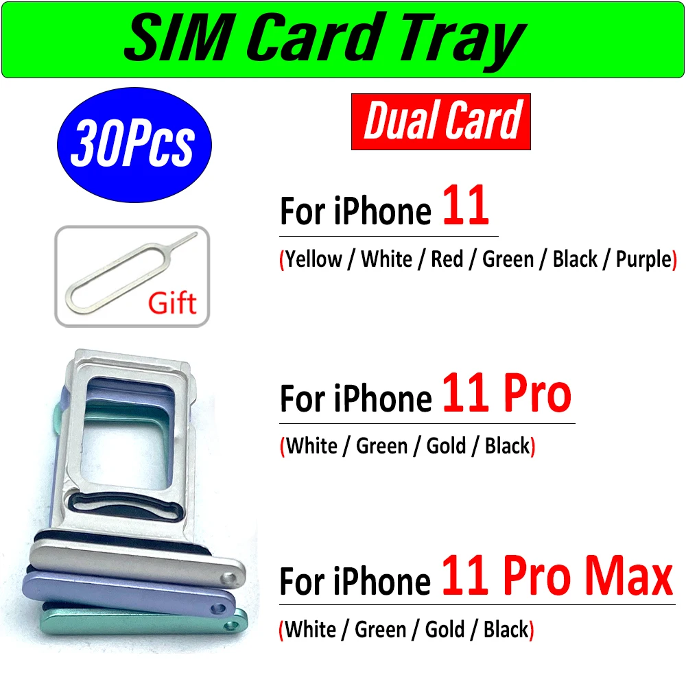 30Pcs，Dual Card For iPhone 11 / 11 Pro / Pro Max  SIM Card chip slot drawer SD Card Tray Holder Adapter Replacement Parts