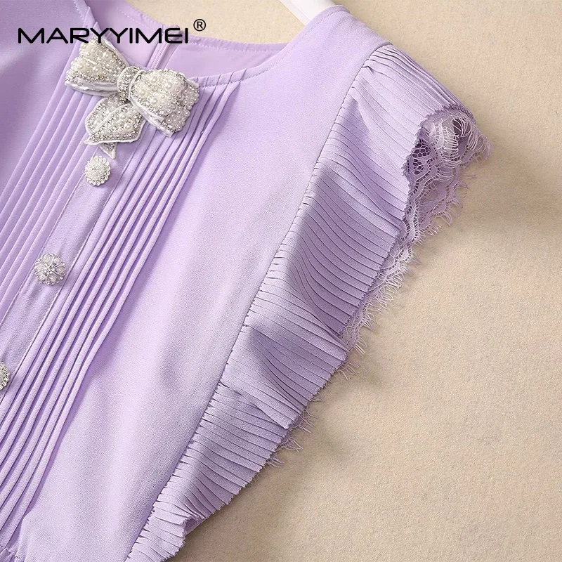 MARYYIMEI 패션 디자인 여성 드레스 민소매 Flounced Edge 레이스 접합 파티 댄스 파티 솔리드 Pleated Dresses