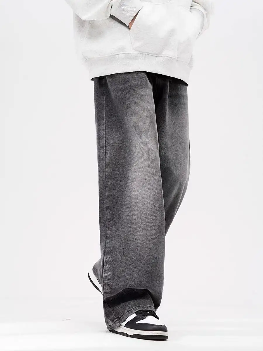 

American High Street Retro Smoke Grey Elastic Waist Jeans Men Women Floor Length Loose Straight Leg Wide Leg Draping Pants