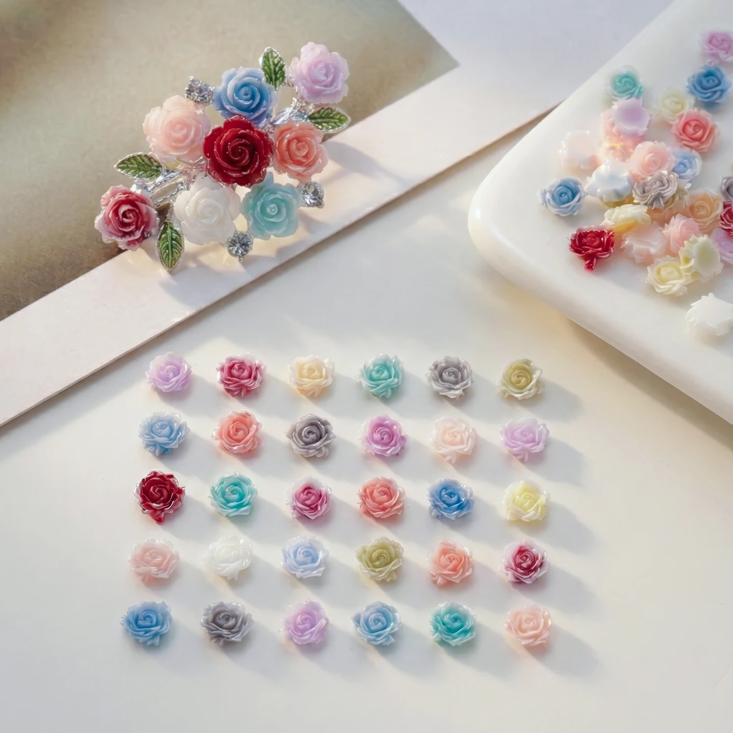  50Pcs 3D Multi Color 6/8mm Resin Rose Flower Charms For DIY Earring Hairpin Phone Case Nail Art Jewelry Making Accessories