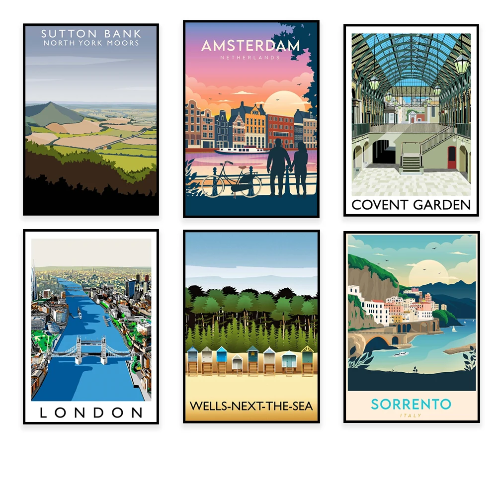 Yorkshire Beverley, Sutton Bank, Oxfordshire, Covent Garden, Sorrento, Grassington, Wells-on-Sea, Penhill, Denby travel poster