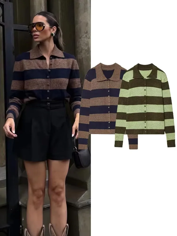 

Женский весенний модный полосатый вязаный кардиган-пальто в стиле High Street, повседневный, с длинным рукавом, воротником поло, на одной пуговице