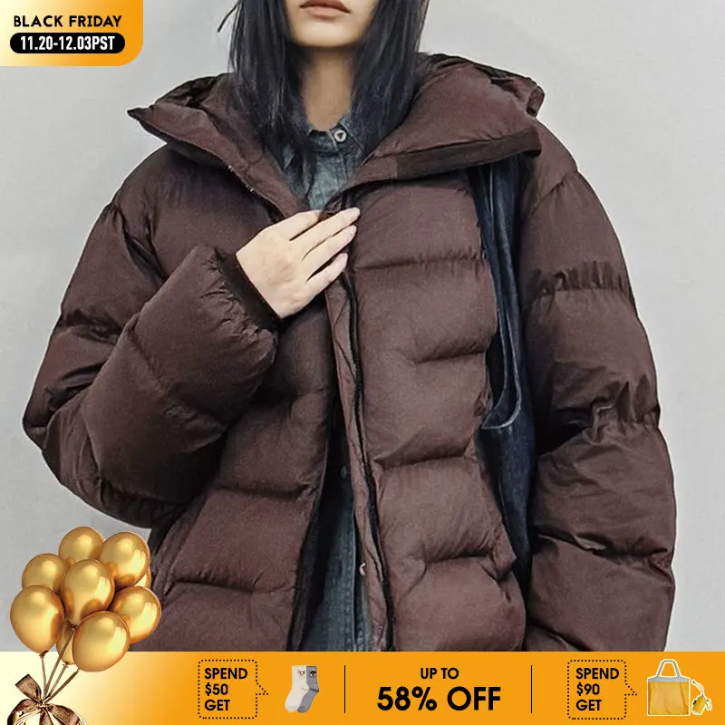 

Maden Women's Winter Hooded Puffer Jacket Stand Collar Loose Warm Quilted Cotton Coat Thick Insulated Outerwear Casual Style