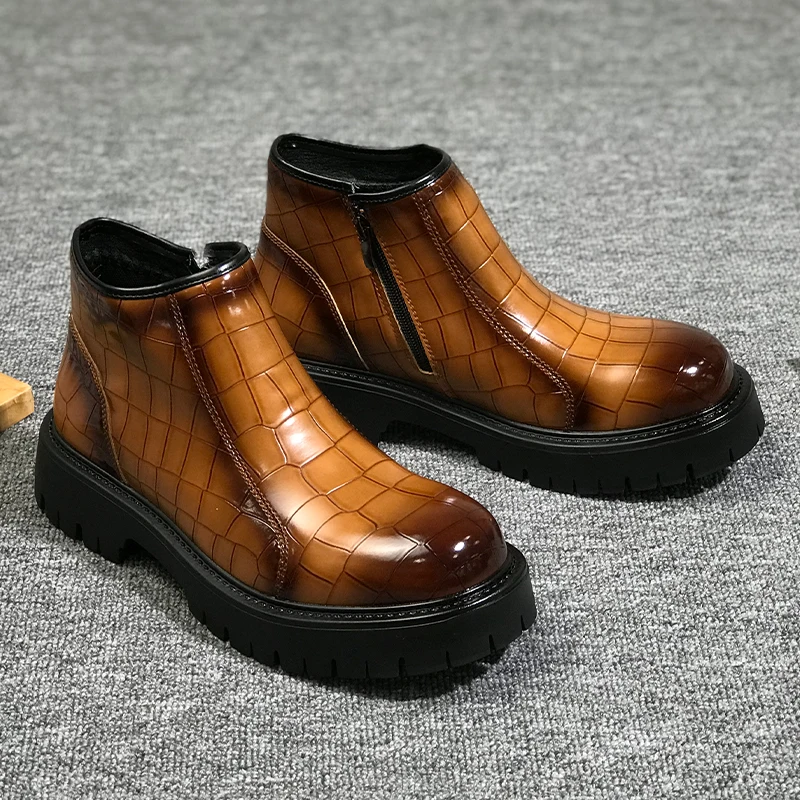 Men Thick Soled Fashionable Chelsea Boots High-end Texture Big Head Gradient Color Stone Pattern Autumn  Winter Men Boots