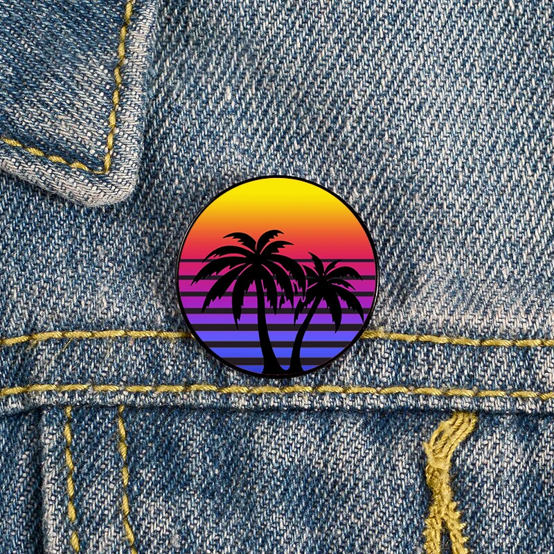 Synthwave Sun Palm Trees Printed Pin Custom Funny Brooches Shirt Lapel Bag Cute Badge Cute Jewelry Gift for Lover Girl Friends