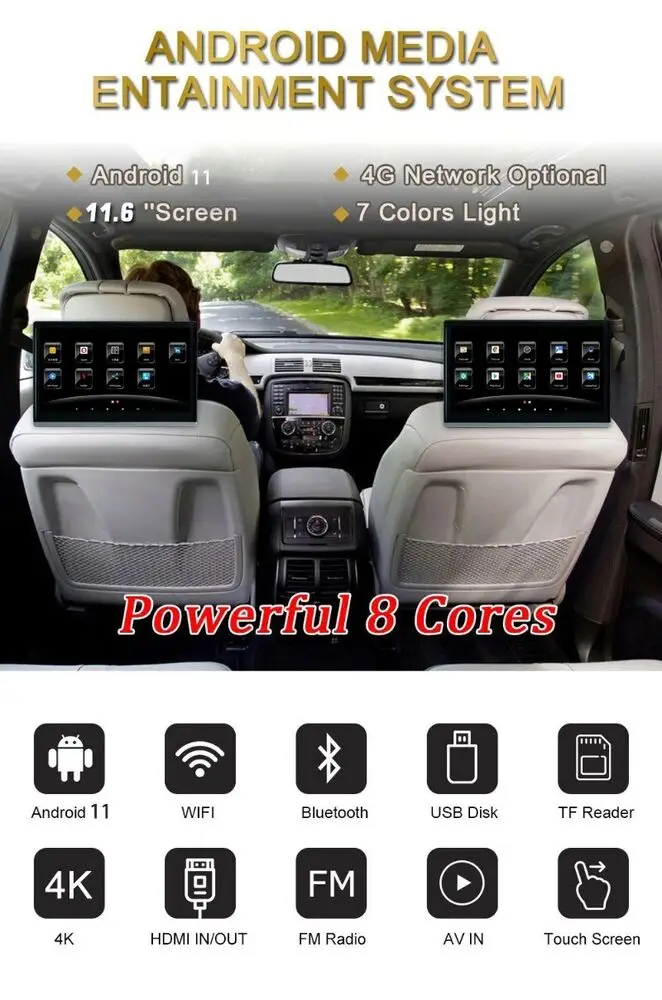 リアシートエンターテインメントタッチスクリーンビデオプレーヤー、Android 8コア、11.6インチ