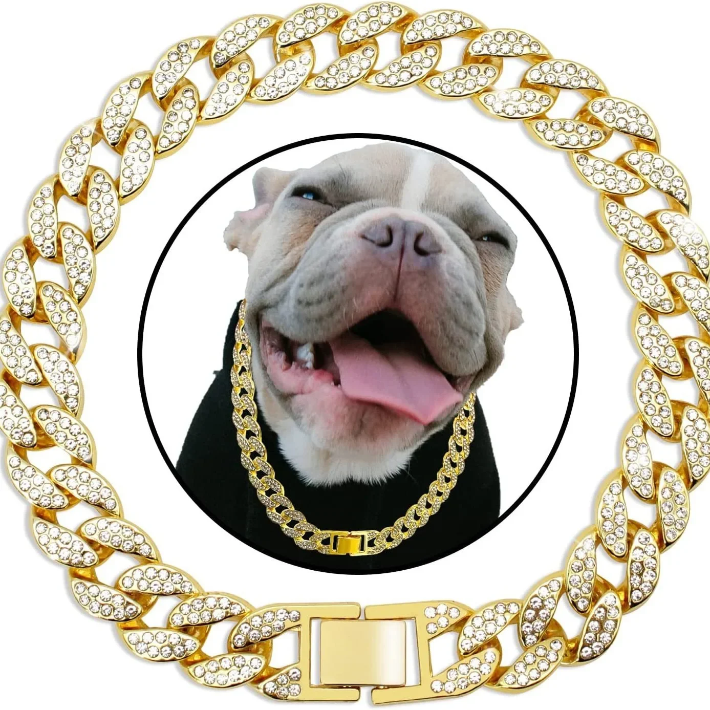 

Strong Stainless Steel Collar Safety Buckle Lock 15mm Diamond Encrusted Pet Necklace Luxury Hip Hop Style