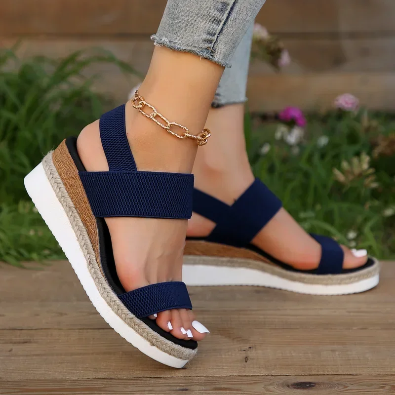 Women\'s Shoes 2024 Hot Sale Elastic Band Women\'s Sandals Summer Open Toe Solid Color Wedge Beach Shoes Ladies Platform Sandals