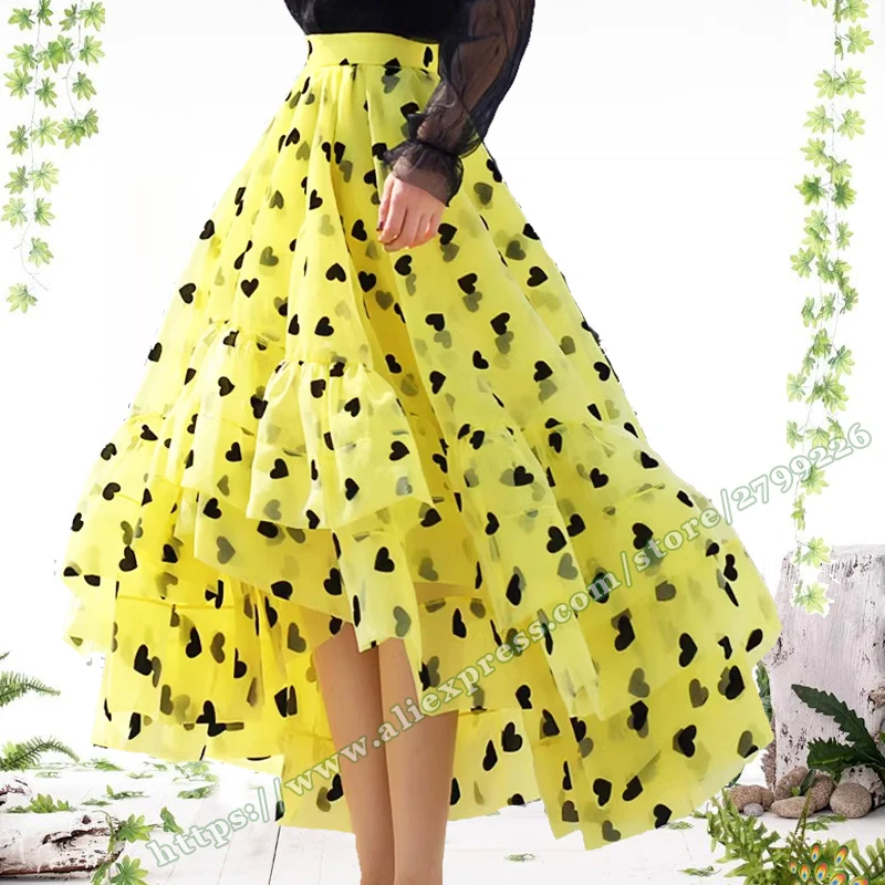 2025 Plus Size Yellow Organza Rluffy Skirt Love Flocking Polka Dot Heart Asymmetrical Women skirt  Chic and Elegant Woman Skirts