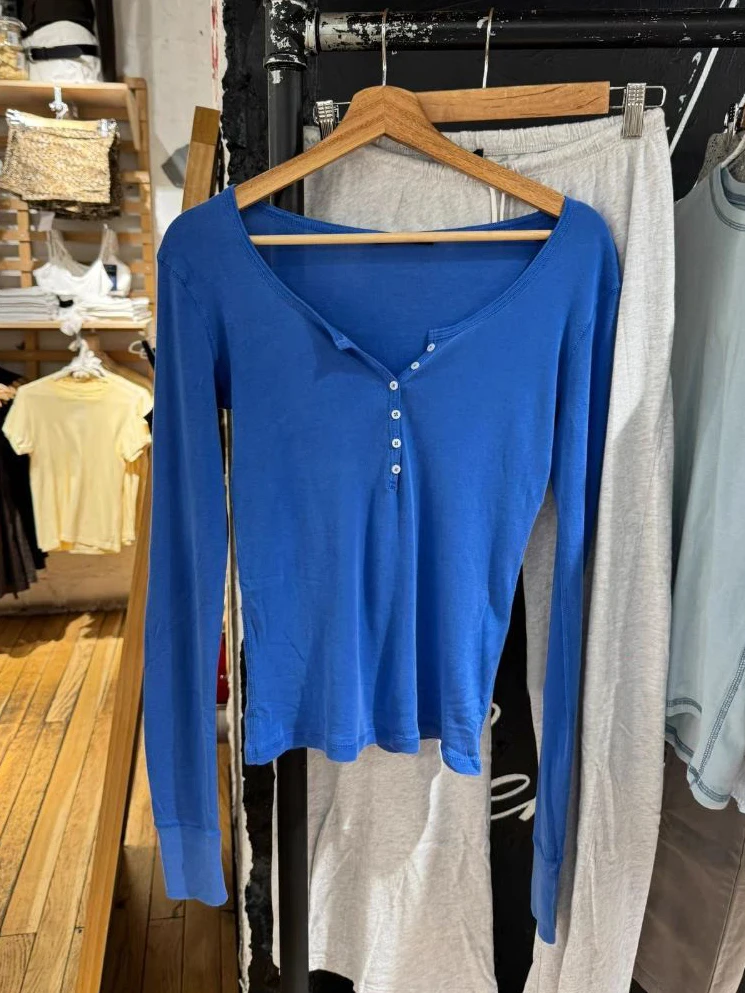 Six Buttons Royal Blue Long Sleeve T-shirts Women Autumn O-neck Cotton Slim Tee Tops New Preppy Style Solid Simple Basic Tshirts