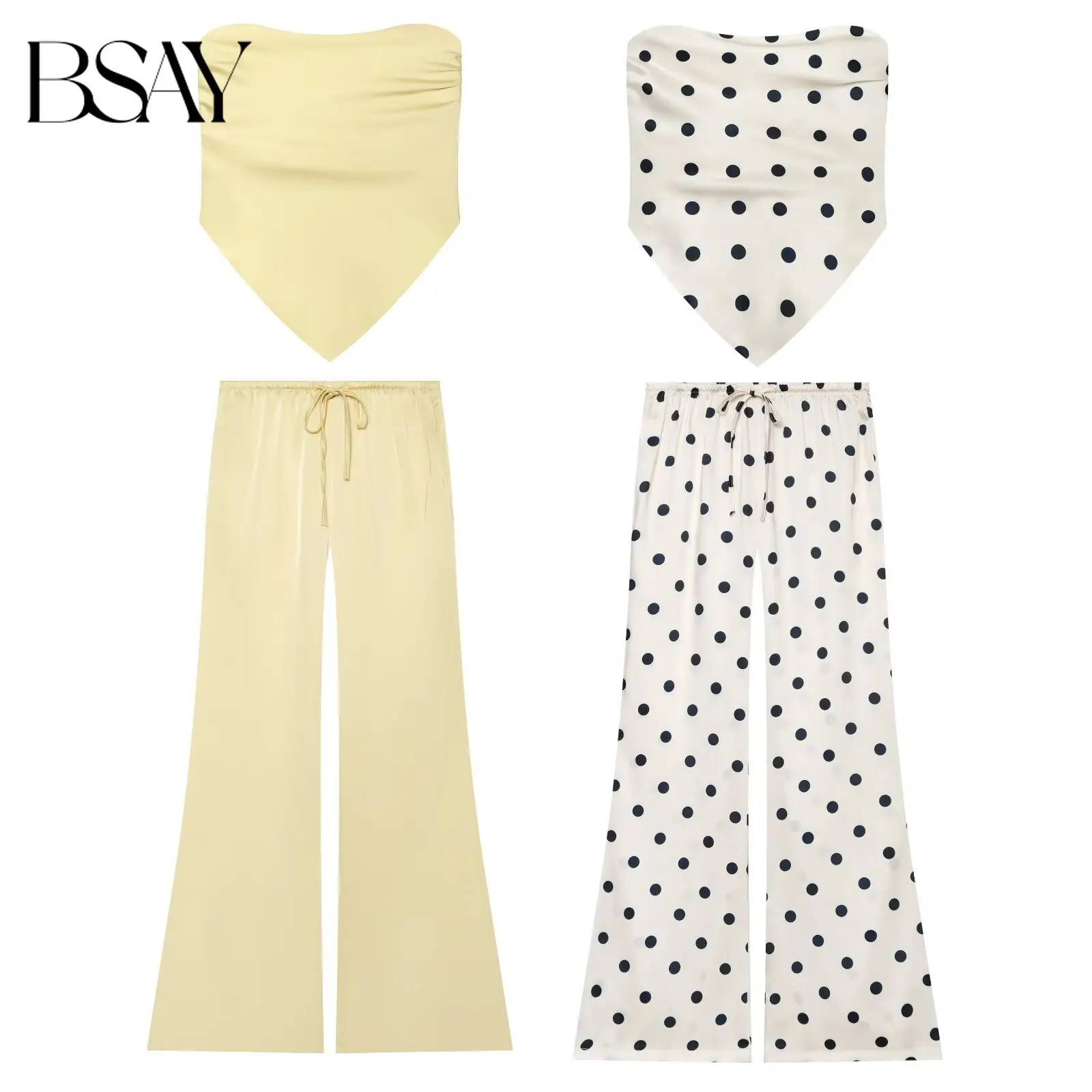 

BSAY 2026 Summer New Women's Satin 2 Piece Set Solid & Polka Dot Tube Top + High Waist Wide Leg Pants Casual Vacation Outfit
