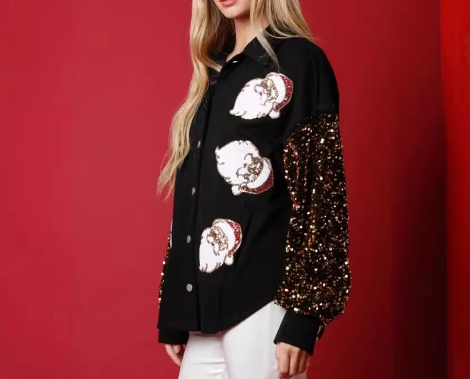 Women's Cardigan Tops Casual Santa Claus Print Sequin Decoration Patchwork Long Sleeved Buttoned Down Sweater Shirt Jacket