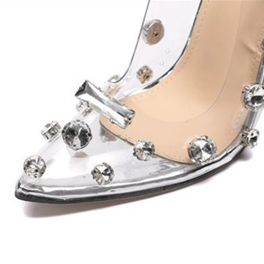 2024 Clear Transparent PVC Pumps Women Fashion Crystal Rivet Shallow Shoes Thin High Heels Pointed Toe Ladies Party Shoes 35-42