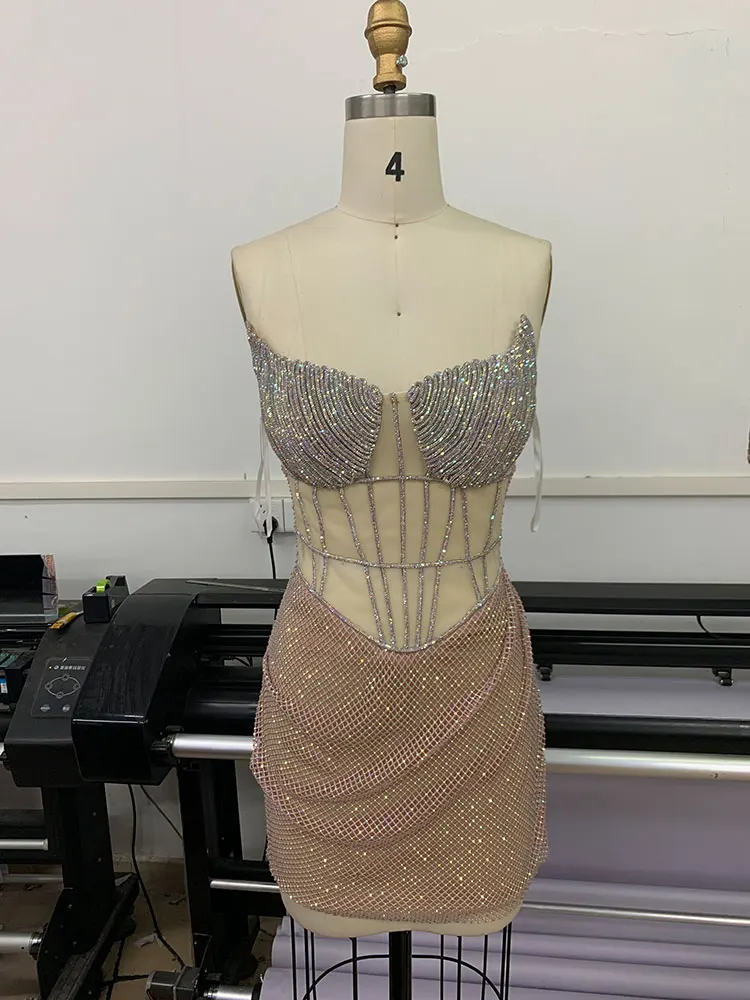 Mini vestido de Incorporação de Diamante das mulheres, sem alças, Bodycon sem mangas, malha xadrez pura, coquetel, festa noturna