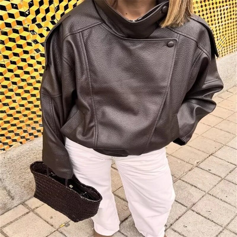 Guobioziy Faux Leather Stand Collar Epaulet Short Biker Jacket  Fashionable and Simple Women's Jacket  Available in Multiple Col