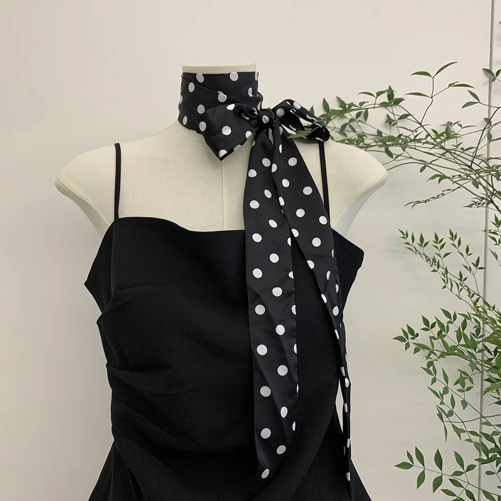 

200CM Long Black White Polka Dot Silk Scarf Chokers Narrow Thin Scarf For Women Girls Bag Ribbon Korean Streamer Headbands Scarf