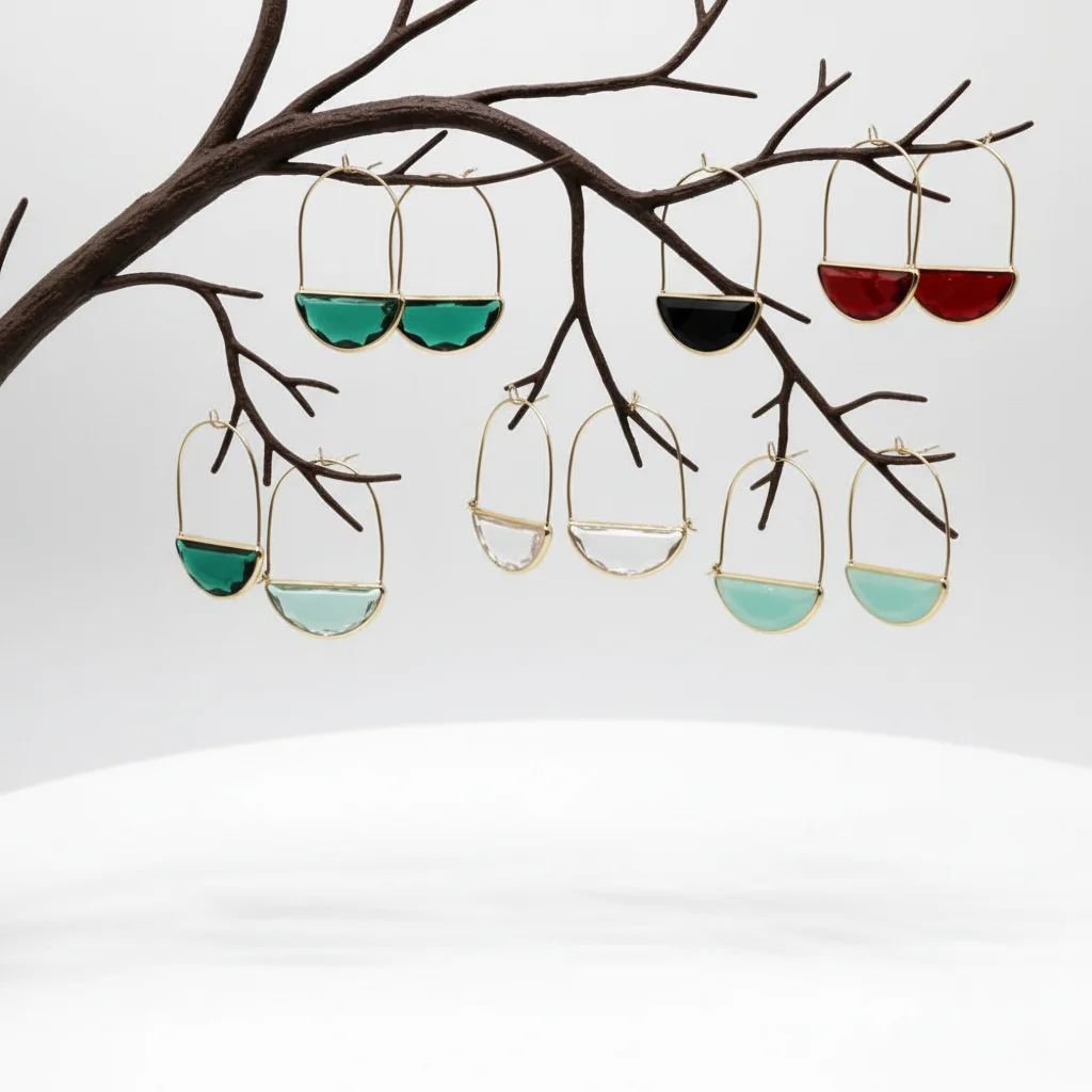 Pendant Green Crystal Semi Circle Earrings Decoration Jewelry Gold Plated Geometric Earrings Glass Retro