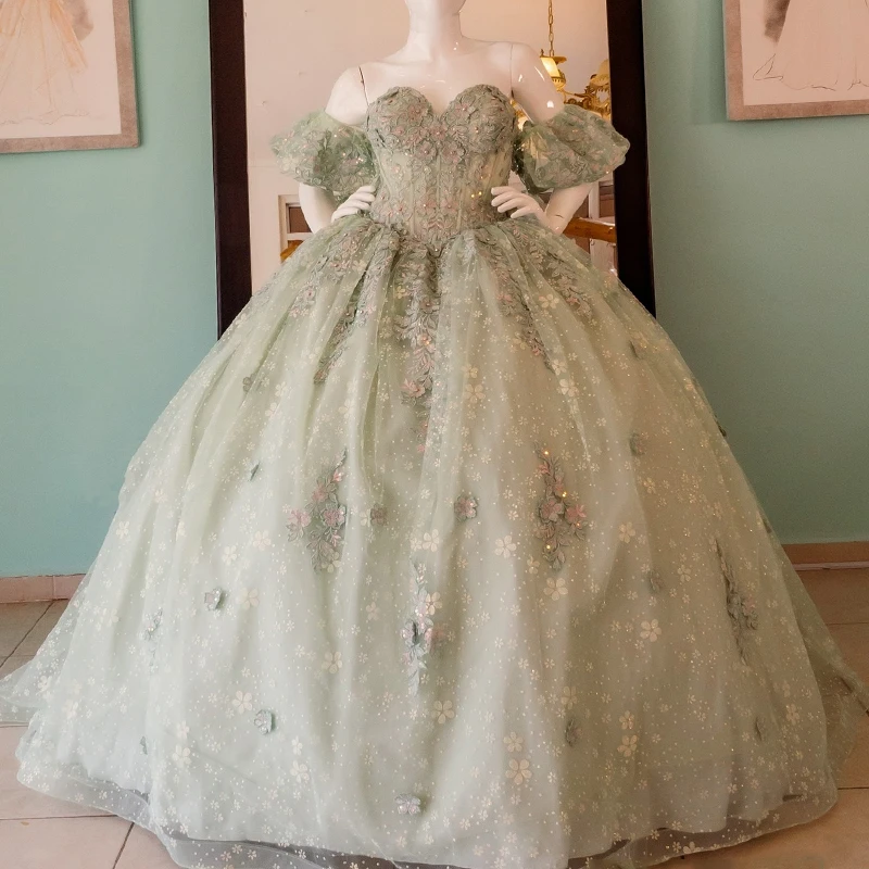 

Sage Green Shiny Quinceanera Dress Ball Gown Lace Applique Bow Tull Corset Party Birthday Sweet 16 Dress Vestidos De 15 Anos