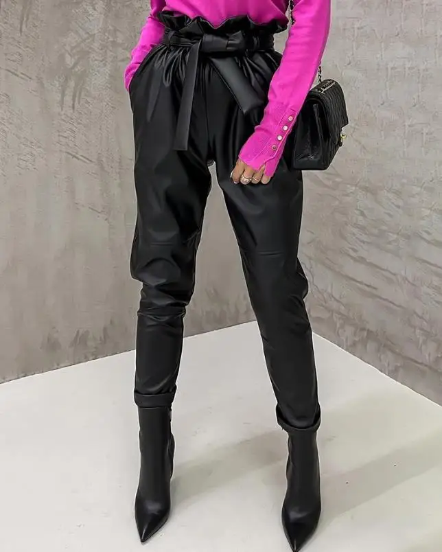 Pants Fashion Women 2022 Ruched High Waist PU Leather Pants With Belt & Trousers Women's Daily Europe & America Women's Clothes