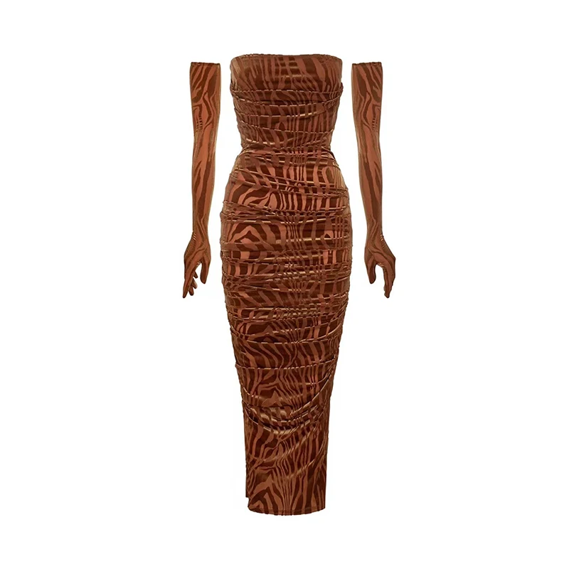 Susan Original ZP Sexy Bruin Fluwelen Bodycon Dr Handschoenen Dames Lange Sve Lente Zomer Pure Kleur Woon-werkverkeer