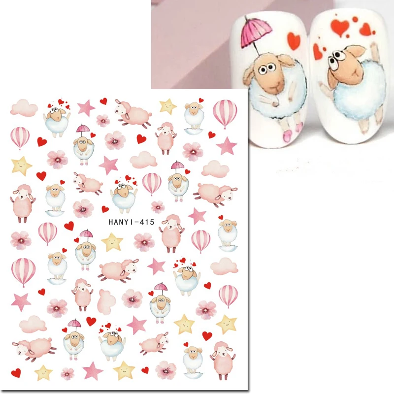 3d Nail art Stickers Cute White Sheeps Pink Flowers Balloons Crickets Decals For Nail Decorations Manicures Beauty