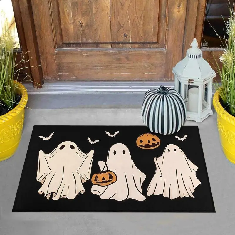 VIKAMA Halloween Boo Ghost Pumpkin Black Cat Door Mat Non Slip Entry Rug Bat Spider Web Spooky Front Door Home Decor