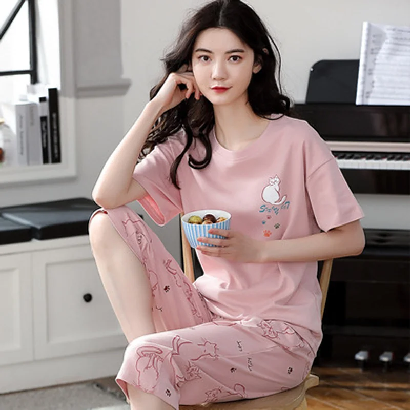 Summer Ladies Pajamas Loungewear Set Women\'s Summer Short Sleeve Cropped Pants Loungewear Thin Korean Casual Two-Piece Set