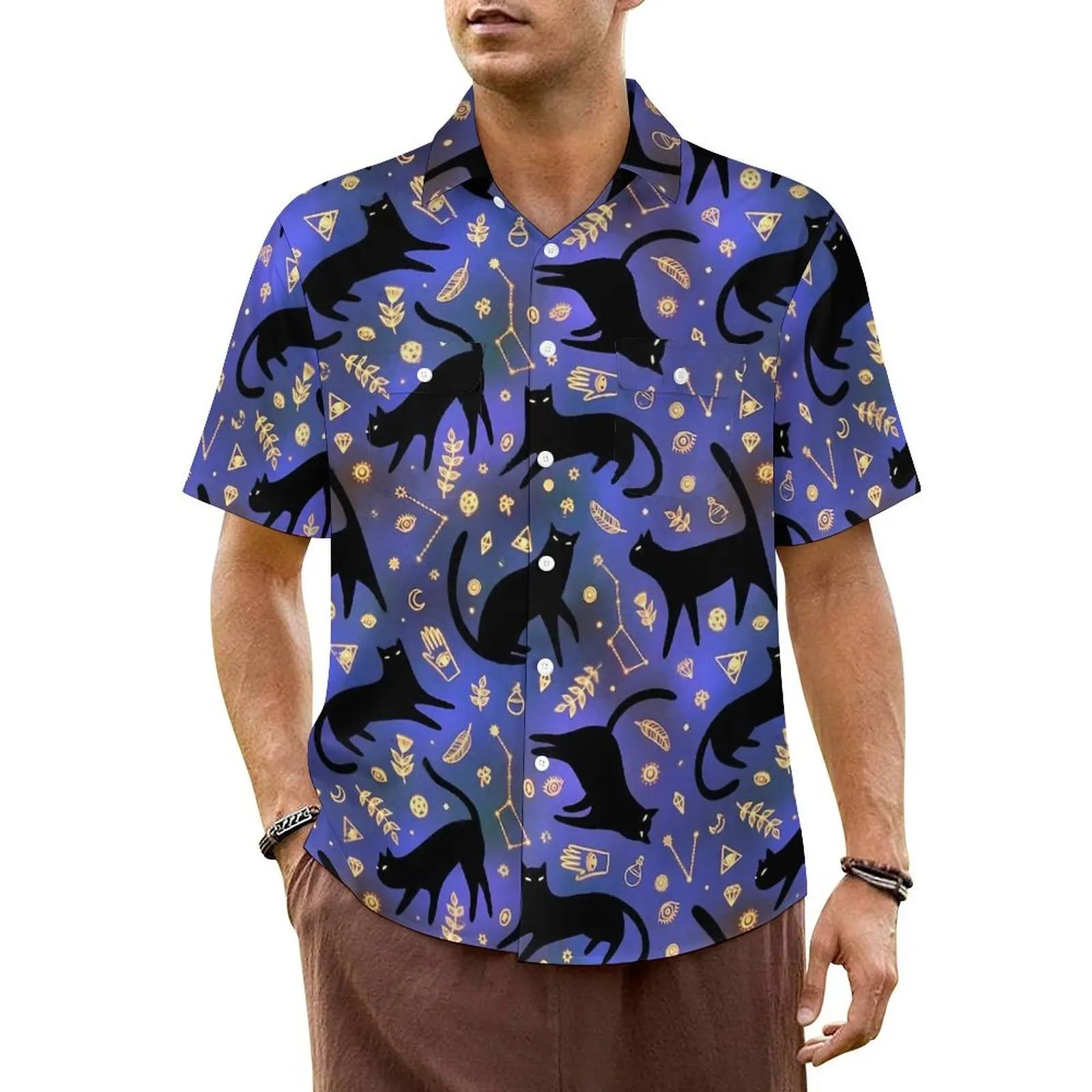 

Magic Cats Hawaii Shirt For Mens Beach Black Animal Casual Shirts Short-Sleeve Breathable Graphic Vintage Plus Size 6XL Blouses