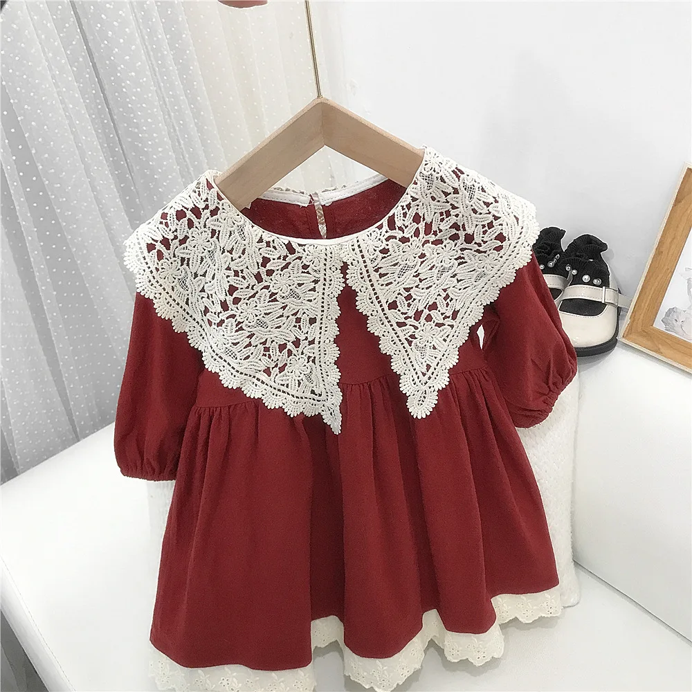 Vintage Lace Doll Collar Girls Dress Spring and Autumn 2024 New Baby Girl Cotton and Linen Foreign Style Princess Skirt