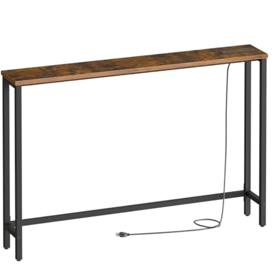 47.2 Narrow Console Table with Power Outlet for Living Room Hallway Foyer, Rustic Brown Wood, Slim Design with Charging Station