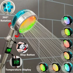 3/7 Colors Changes Led Shower Head with Propeller Stop Button Turbocharging High Pressure Showerhead Temperature Display Shower