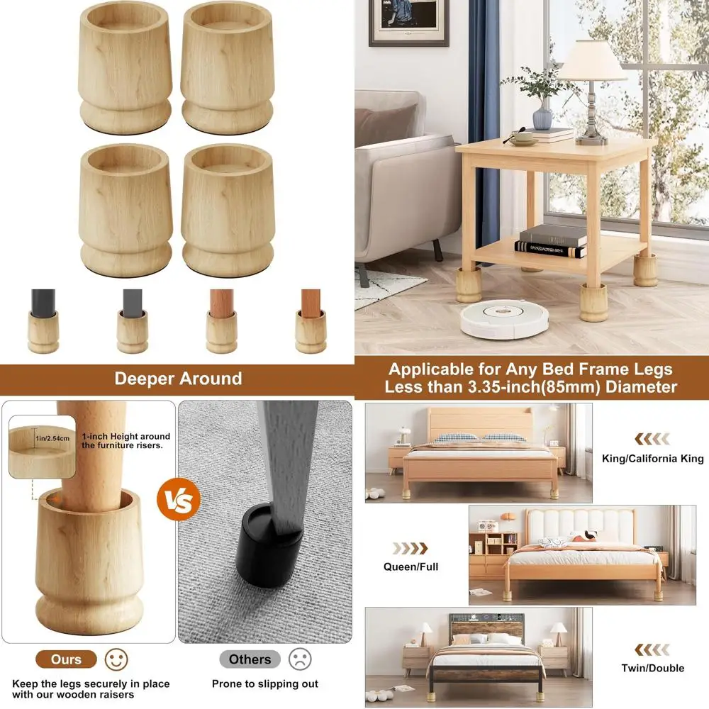 

Набор из 4 усиленных деревянных подставок для кровати - 4 внутренних уровня регулировки высоты, грузоподъемность 2200 фунтов, противоскользящие накладки для кроватей King/Queen/Twin
