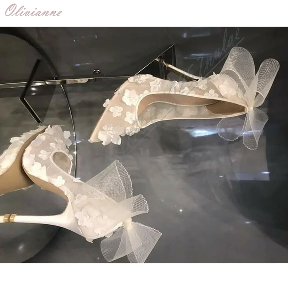 White Floral Mesh Pointed Toe Pumps Sexy Stiletto Heels Back Big Bow Wedding Pumps Party Dress High Heels Fashion Para Mujere